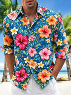 Oceanlyte Men's Tropical Hibiscus And Plumeria Flowers Print Long Sleeve Shirt with Chest Pocket
