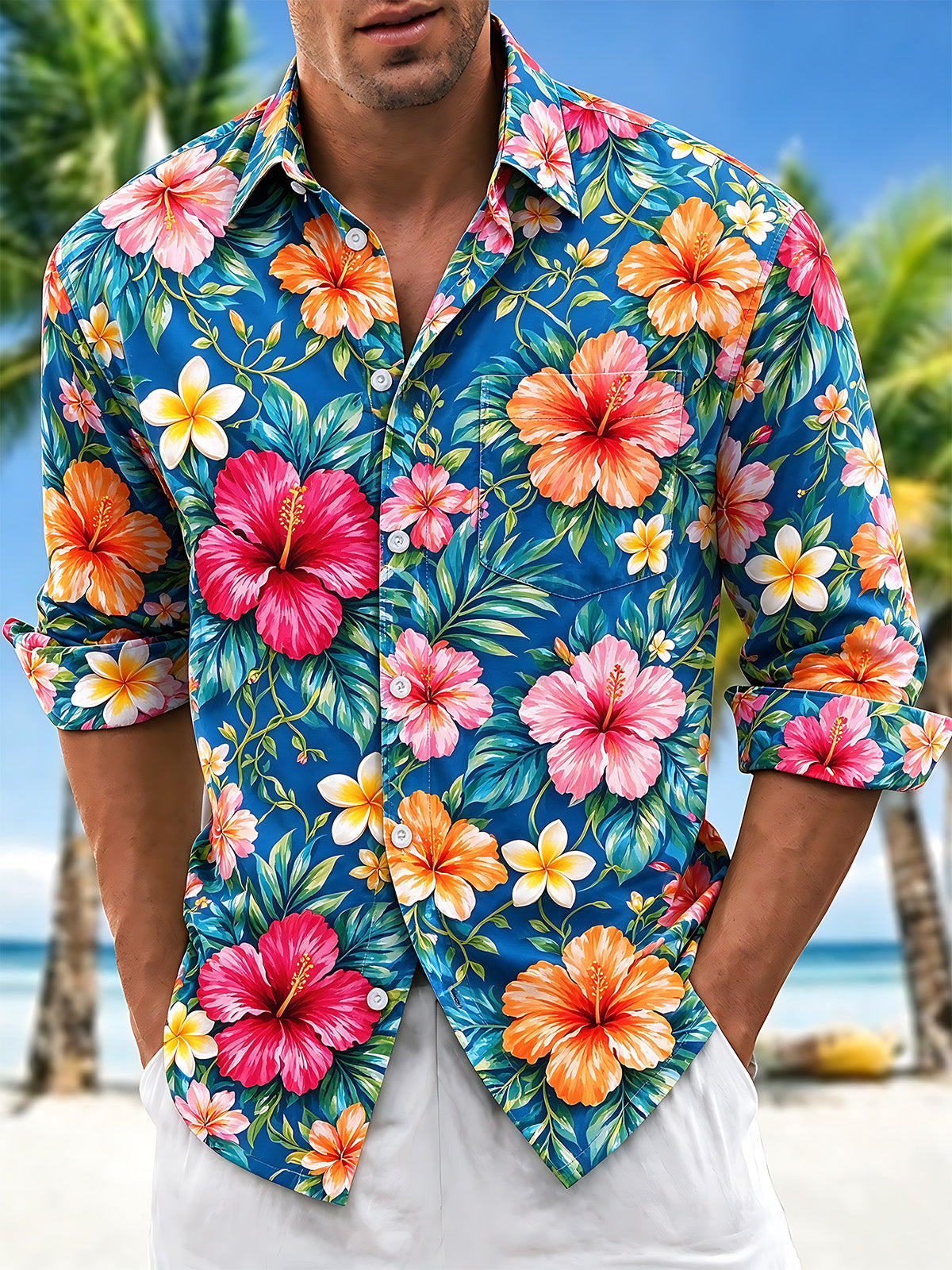 Oceanlyte Men's Tropical Hibiscus And Plumeria Flowers Print Long Sleeve Shirt with Chest Pocket