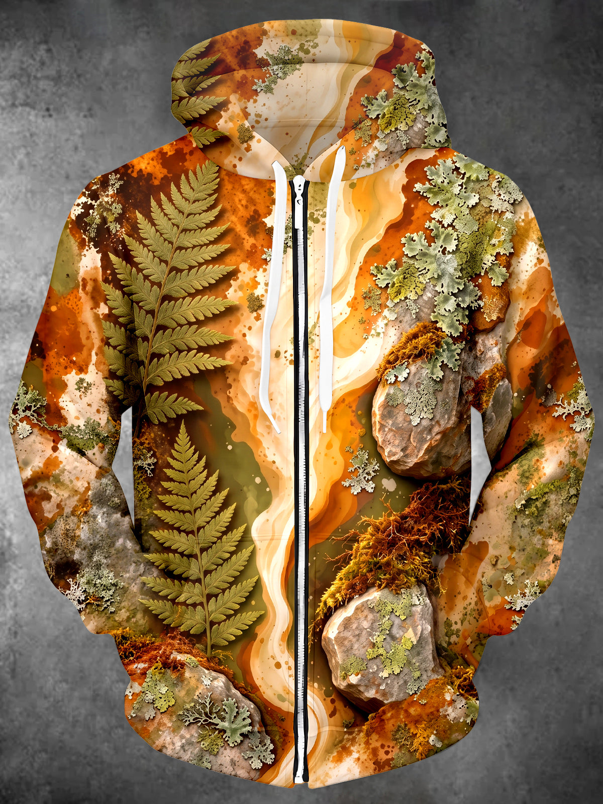 Oceanlyte Men's Fern Leaves And Mossy Rocks Print Long Sleeve Zip-Up Hoodie