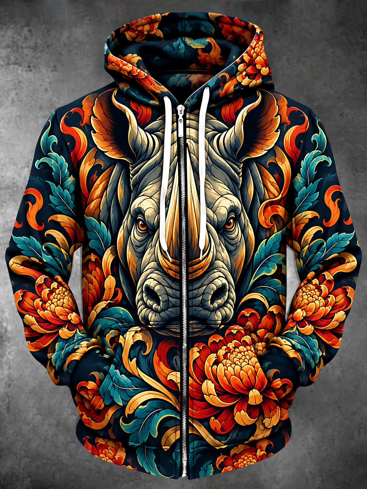 Oceanlyte Men's Rhino Head And Floral Patterns Print Long Sleeve Zip-Up Hoodie