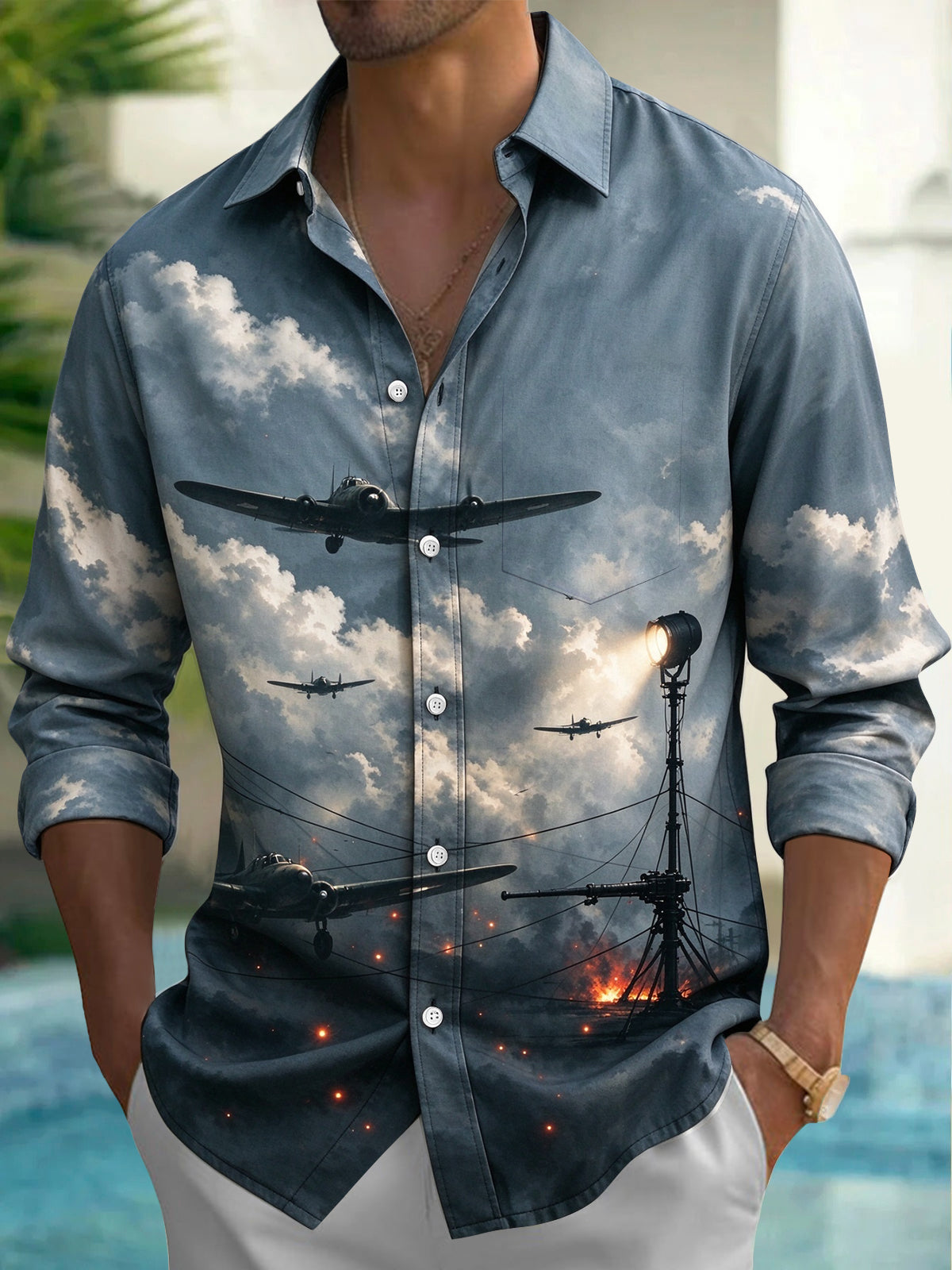 Oceanlyte Men's Vintage Airplanes And Searchlights Print Long Sleeve Shirt with Chest Pocket