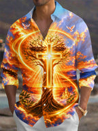 Oceanlyte Men's Graphic Tree Of Life And Golden Cross Print Long Sleeve Shirt with Chest Pocket