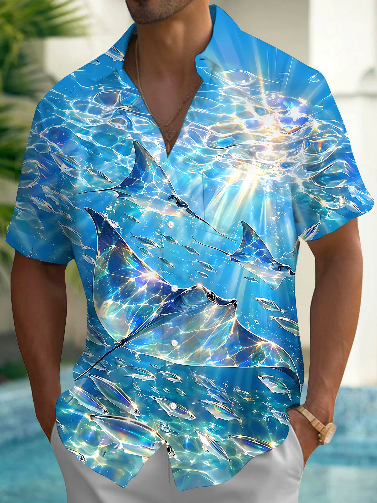 Oceanlyte Men's Hawaiian Manta Ray Print Ocean Water Print Short Sleeve Shirt with Chest Pocket