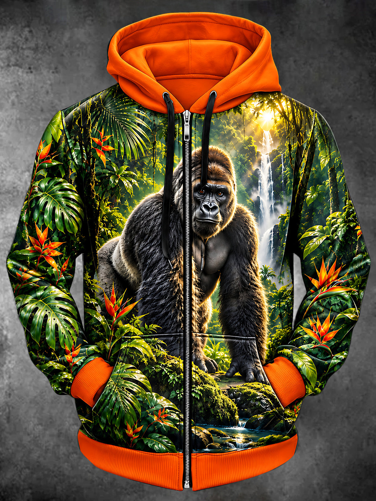 Oceanlyte Men's Graphic Forest Gorilla In Jungle Print Long Sleeve Zip-Up Hoodie