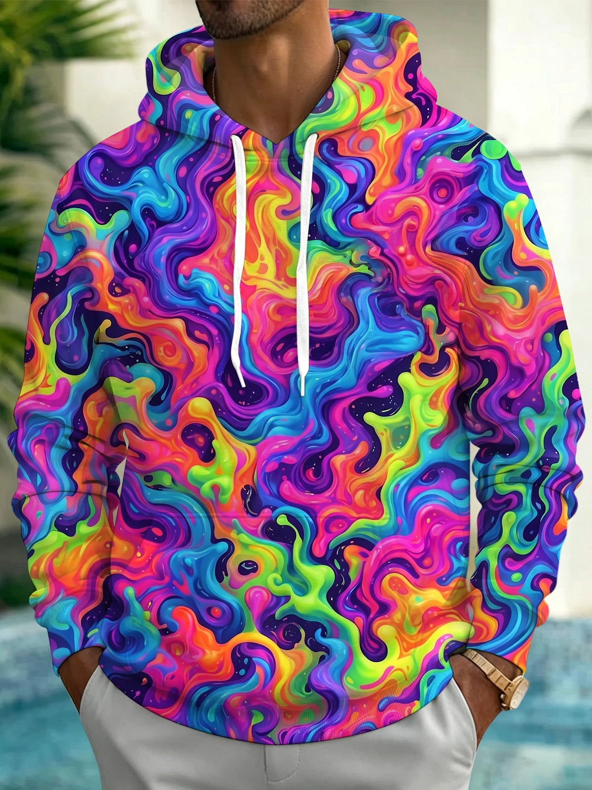 Oceanlyte Men's Printed Neon Liquid Psychedelic Swirl Pattern Long Sleeve Hoodie
