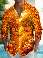 Oceanlyte Men's Long Sleeve Shirt - Autumn Orchard Path With Apples And Pumpkins Print with Chest Pocket