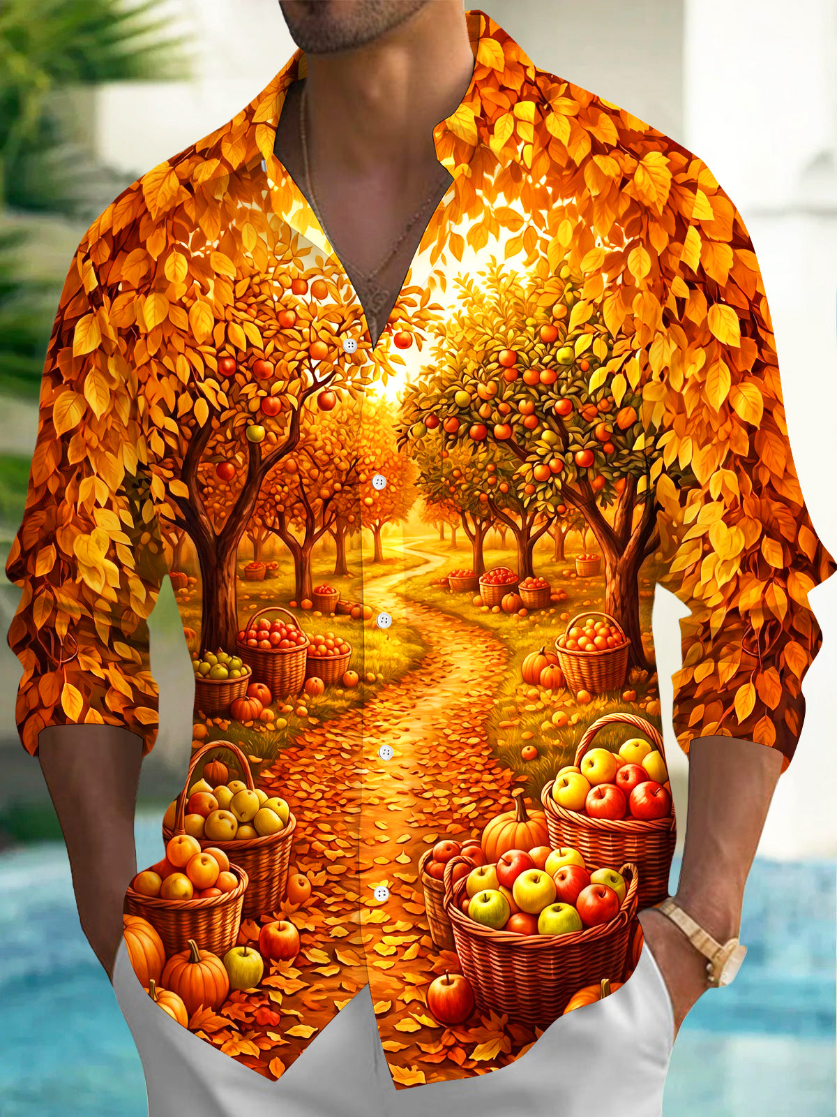 Oceanlyte Men's Long Sleeve Shirt - Autumn Orchard Path With Apples And Pumpkins Print with Chest Pocket