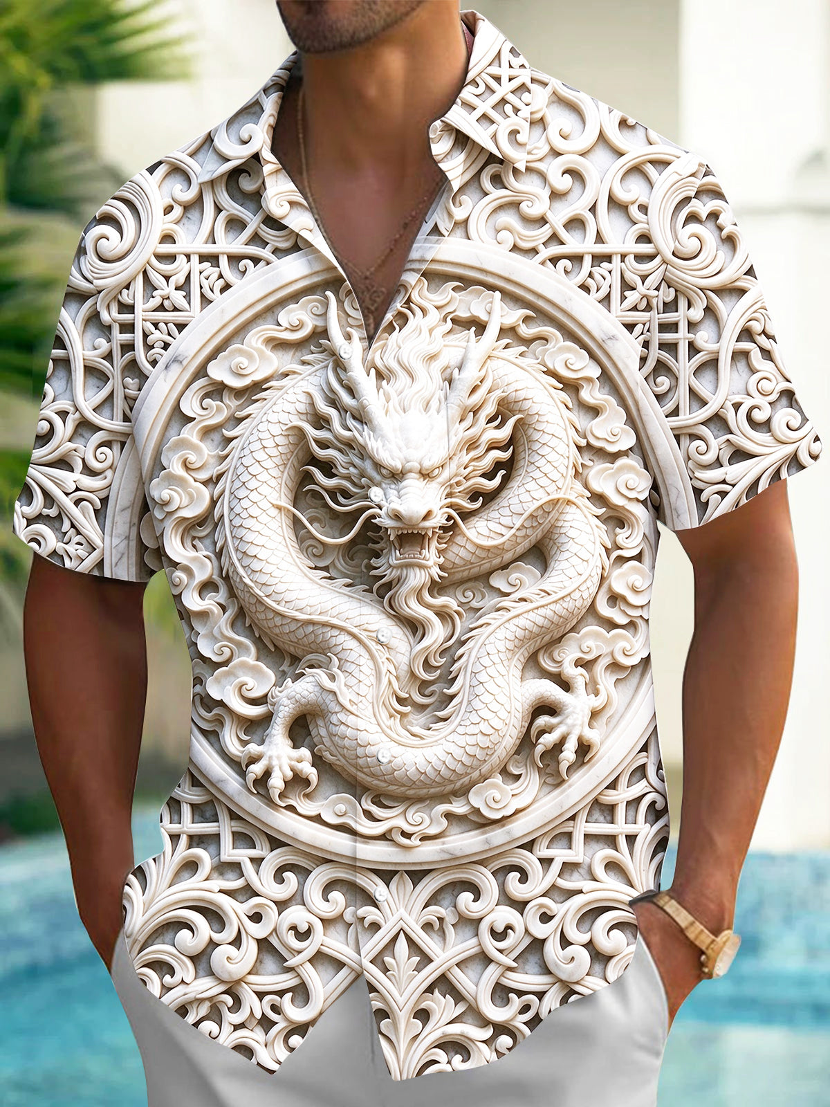 Oceanlyte Men's Graphic 3D Jade Dragon Relief Print Short Sleeve Shirt with Chest Pocket
