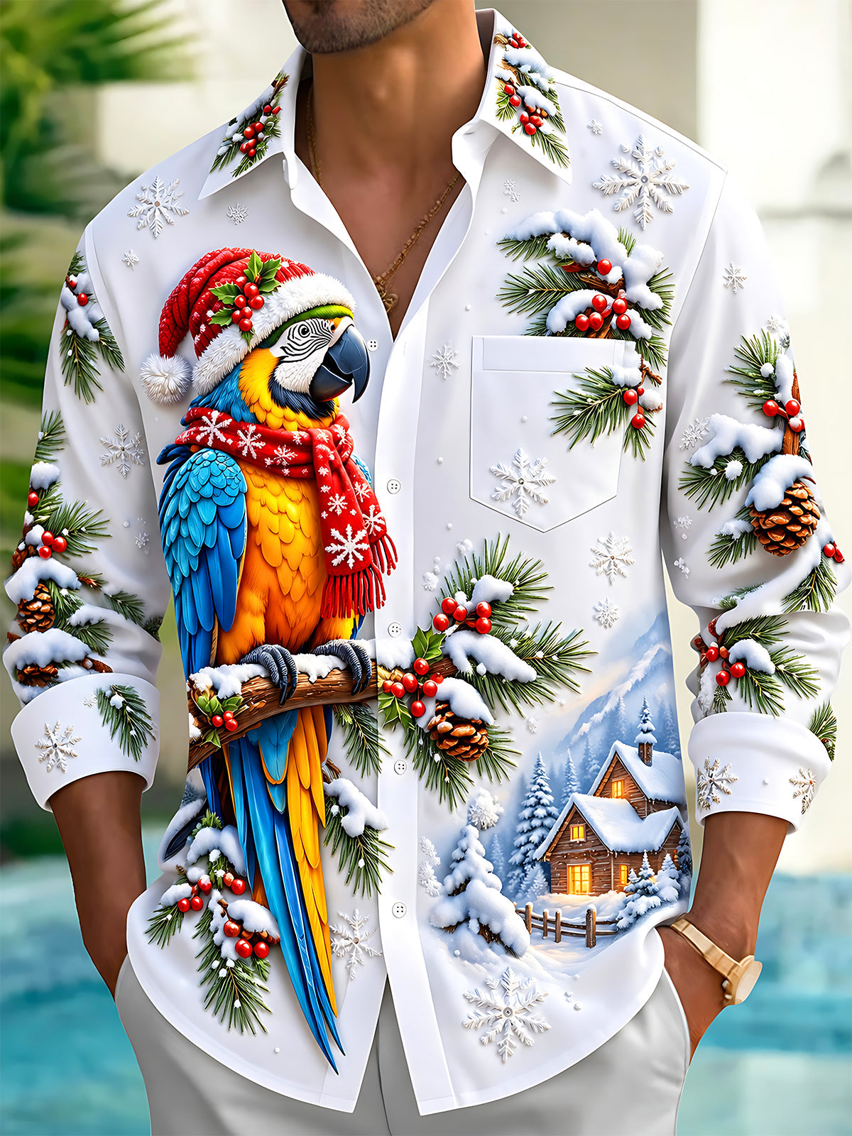 Oceanlyte Men's Graphic Christmas Parrot Print Long Sleeve Shirt with Chest Pocket