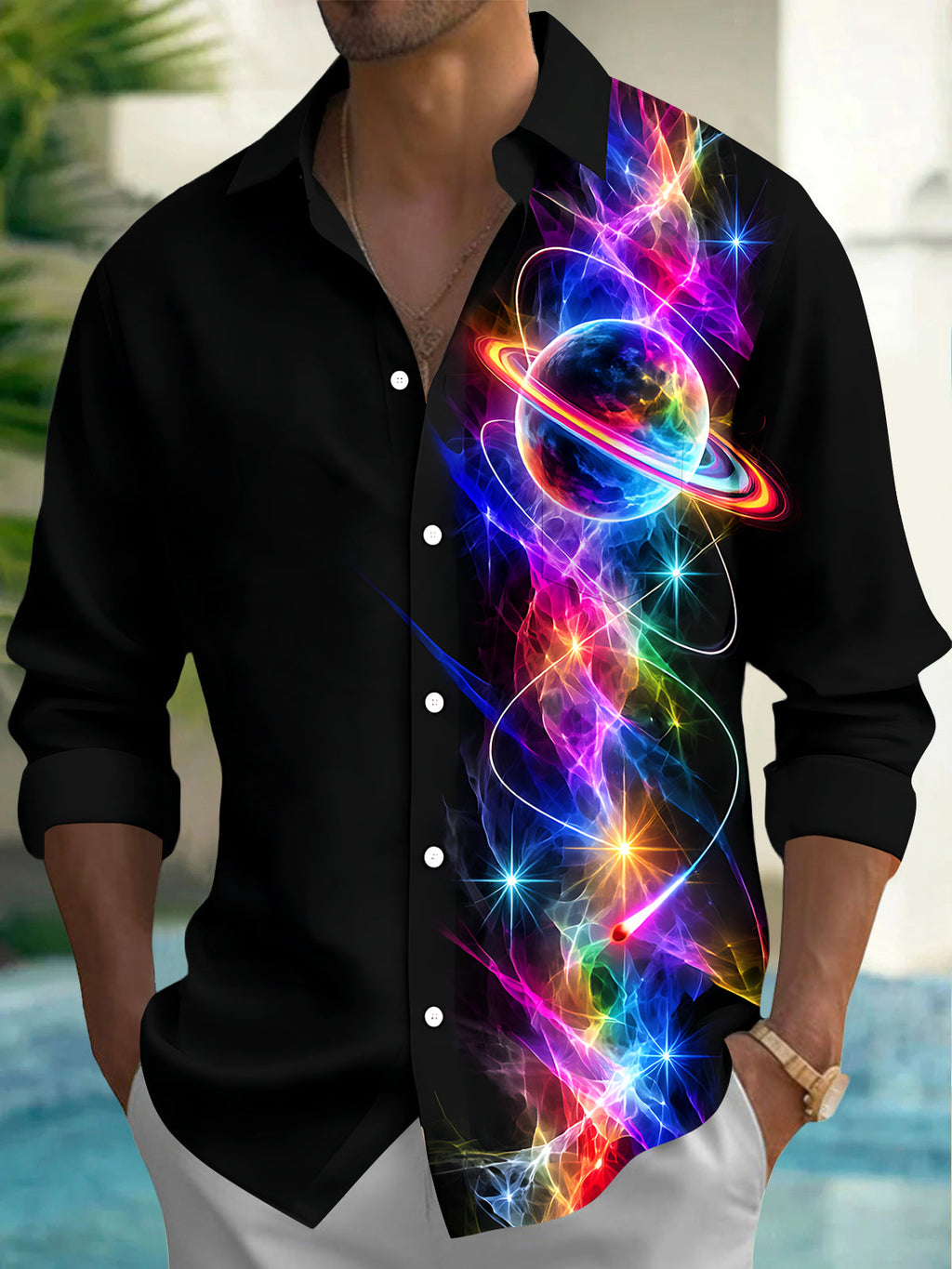 Oceanlyte Men's Colorful Planet With Rings And Nebula Print Long Sleeve Shirt with Chest Pocket