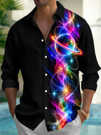 Oceanlyte Men's Colorful Planet With Rings And Nebula Print Long Sleeve Shirt with Chest Pocket