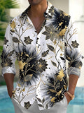 Oceanlyte Men's Black And Gold Floral Ink Painting Print Long Sleeve Shirt with Chest Pocket