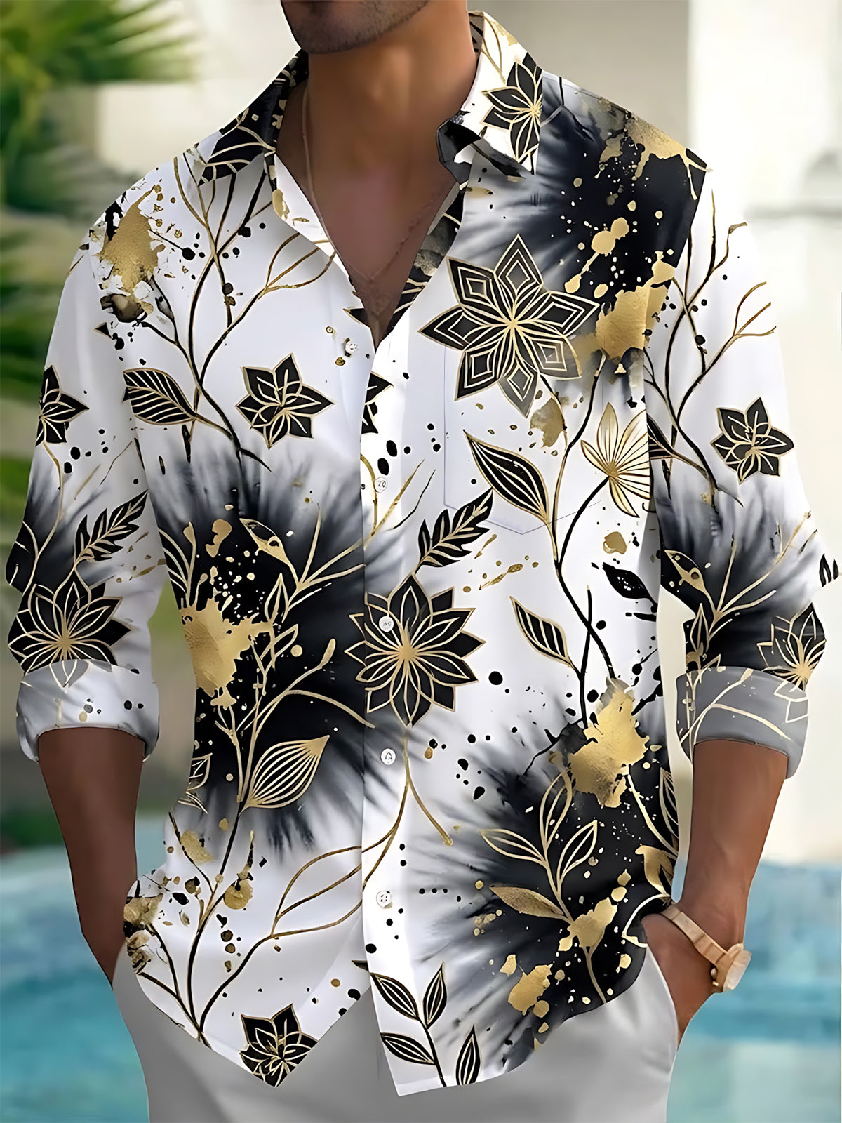 Oceanlyte Men's Black And Gold Floral Ink Painting Print Long Sleeve Shirt with Chest Pocket