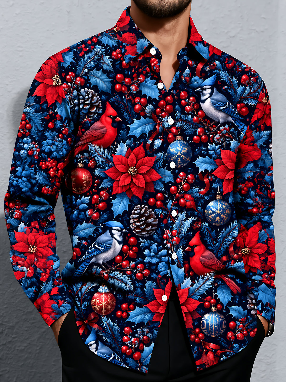 Oceanlyte Men's Printed Christmas Birds And Ornaments Print Long Sleeve Shirt with Chest Pocket