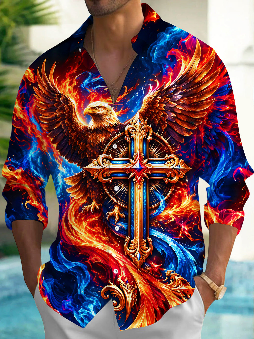 Oceanlyte Men's Graphic Flaming Eagle And Holy Cross Print Long Sleeve Shirt with Chest Pocket