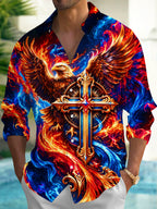 Oceanlyte Men's Graphic Flaming Eagle And Holy Cross Print Long Sleeve Shirt with Chest Pocket