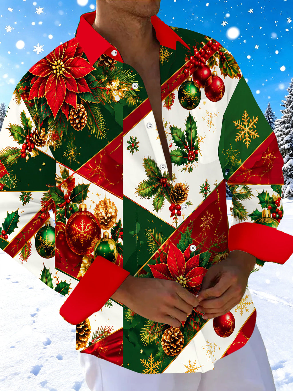 Oceanlyte Men's Christmas Poinsettias And Ornaments Print Long Sleeve Shirt with Chest Pocket