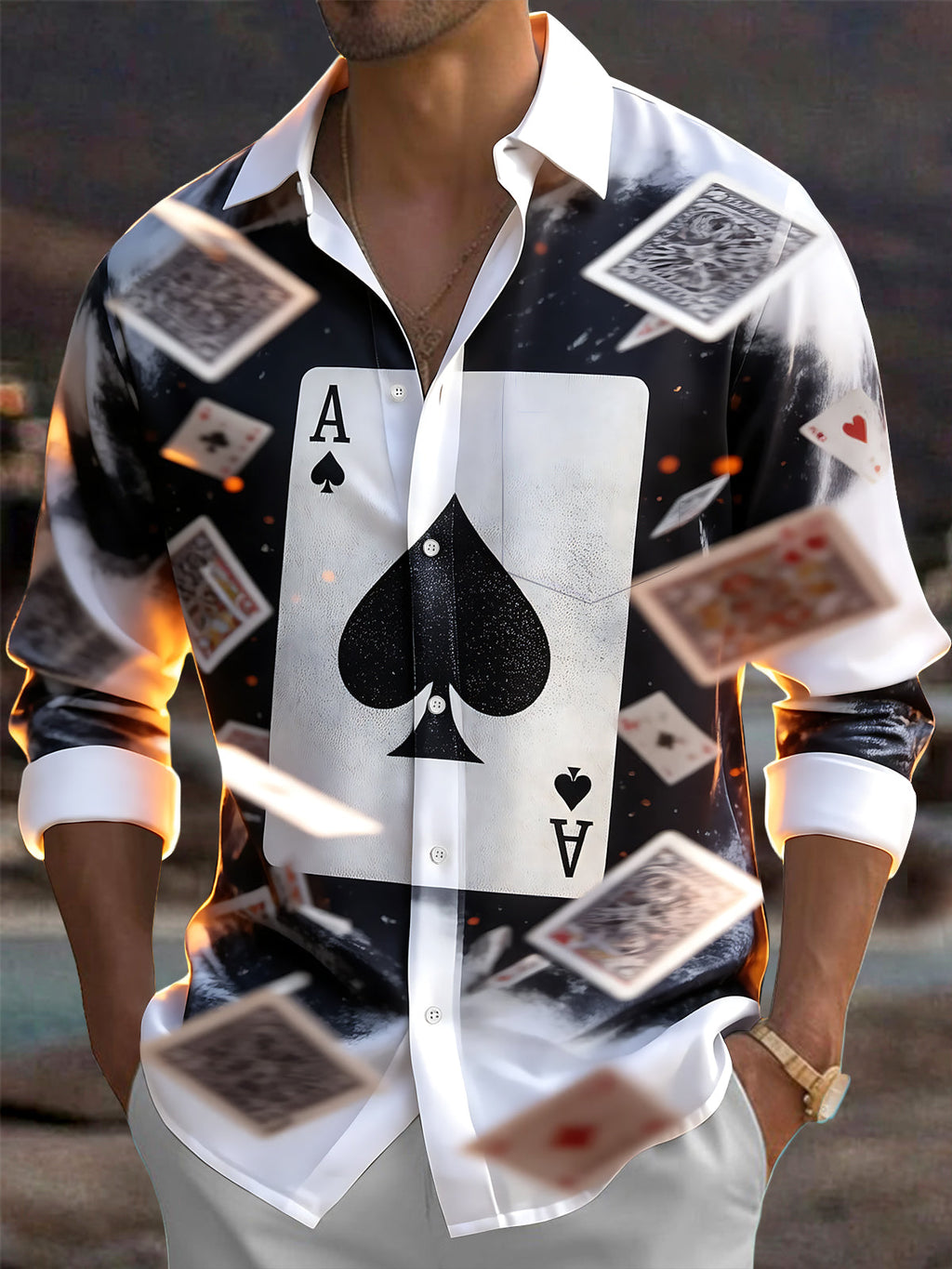 Oceanlyte Men's Graphic Playing Cards And Ace Of Spades Print Long Sleeve Shirt with Chest Pocket