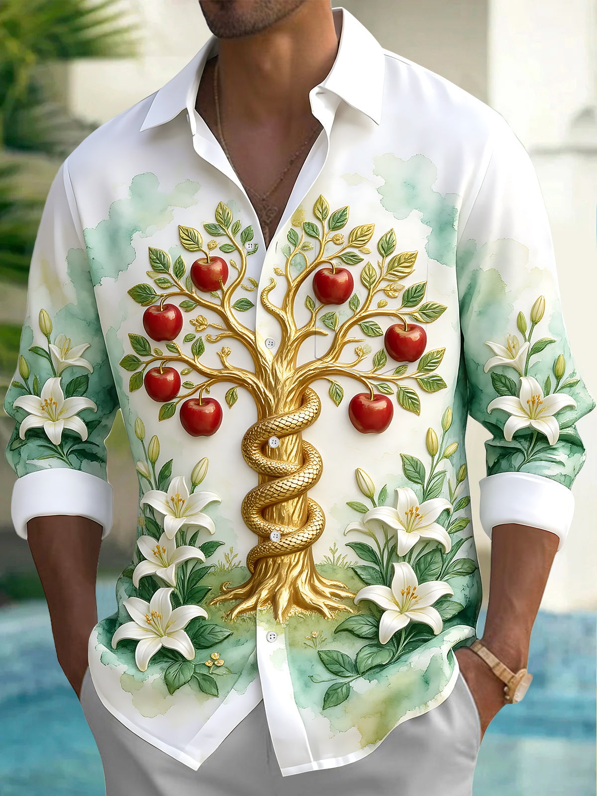 Oceanlyte Men's Tree Of Knowledge With Snake And Apples Print Short Sleeve Shirt with Chest Pocket