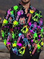 Oceanlyte Men's Long Sleeve Shirt - Christmas Neon Candy Canes And Gift Boxes Print with Chest Pocket