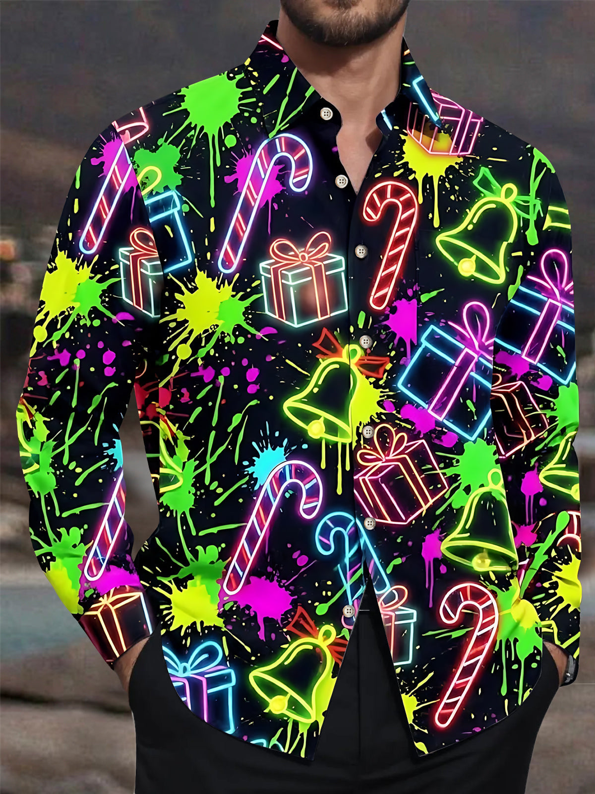 Oceanlyte Men's Long Sleeve Shirt - Christmas Neon Candy Canes And Gift Boxes Print with Chest Pocket