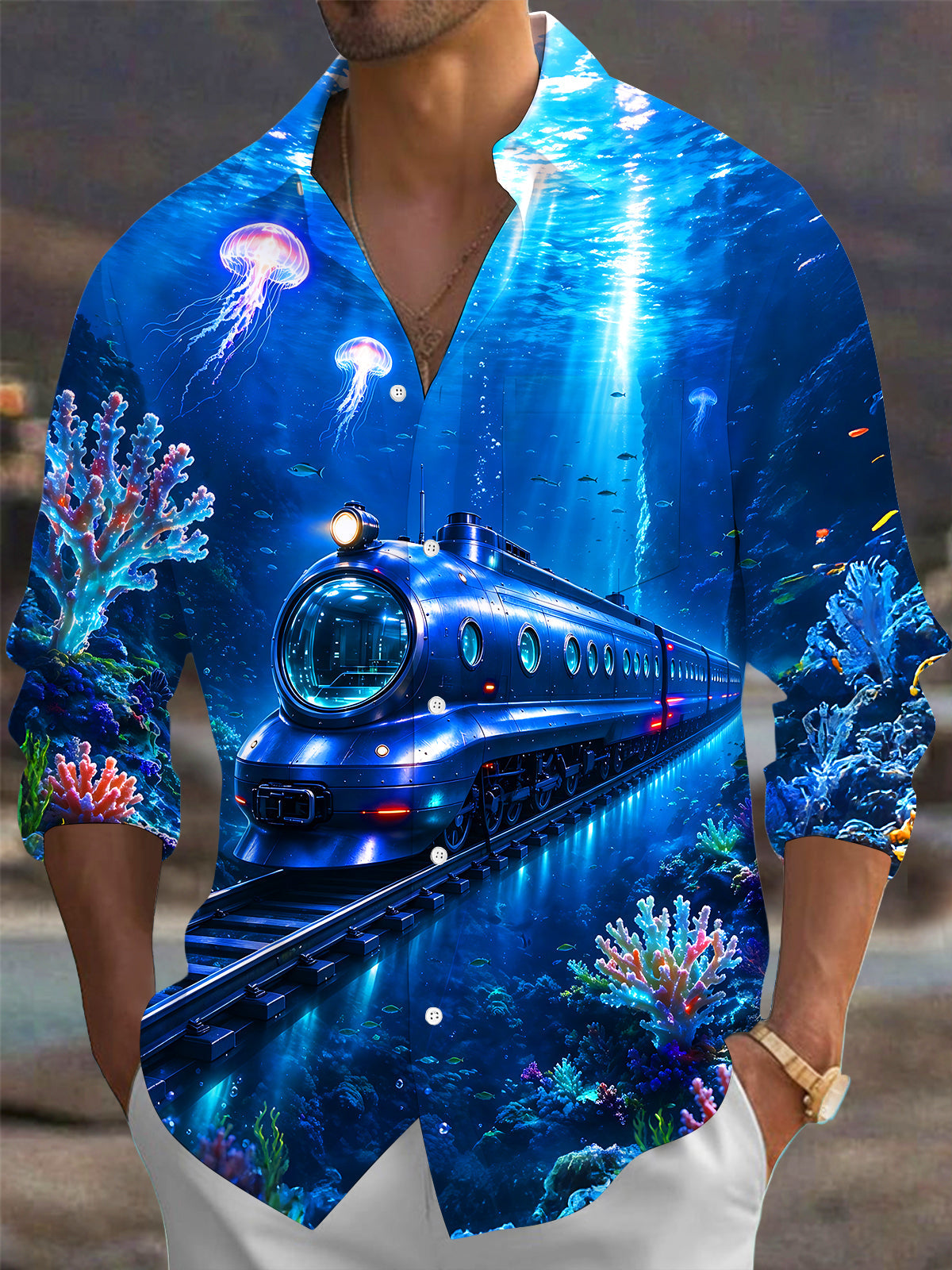 Oceanlyte Men's Graphic Underwater Train Print Long Sleeve Shirt with Chest Pocket