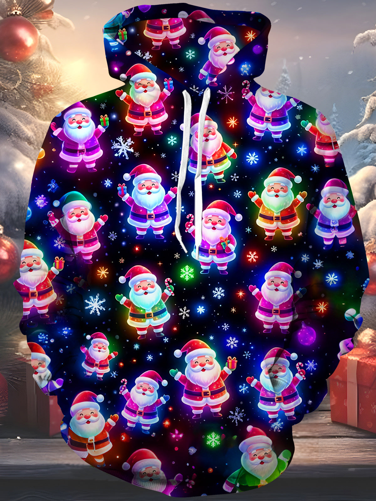 Oceanlyte Men's Long Sleeve Hoodie - Neon Santa Claus With Snowflakes And Gifts Print