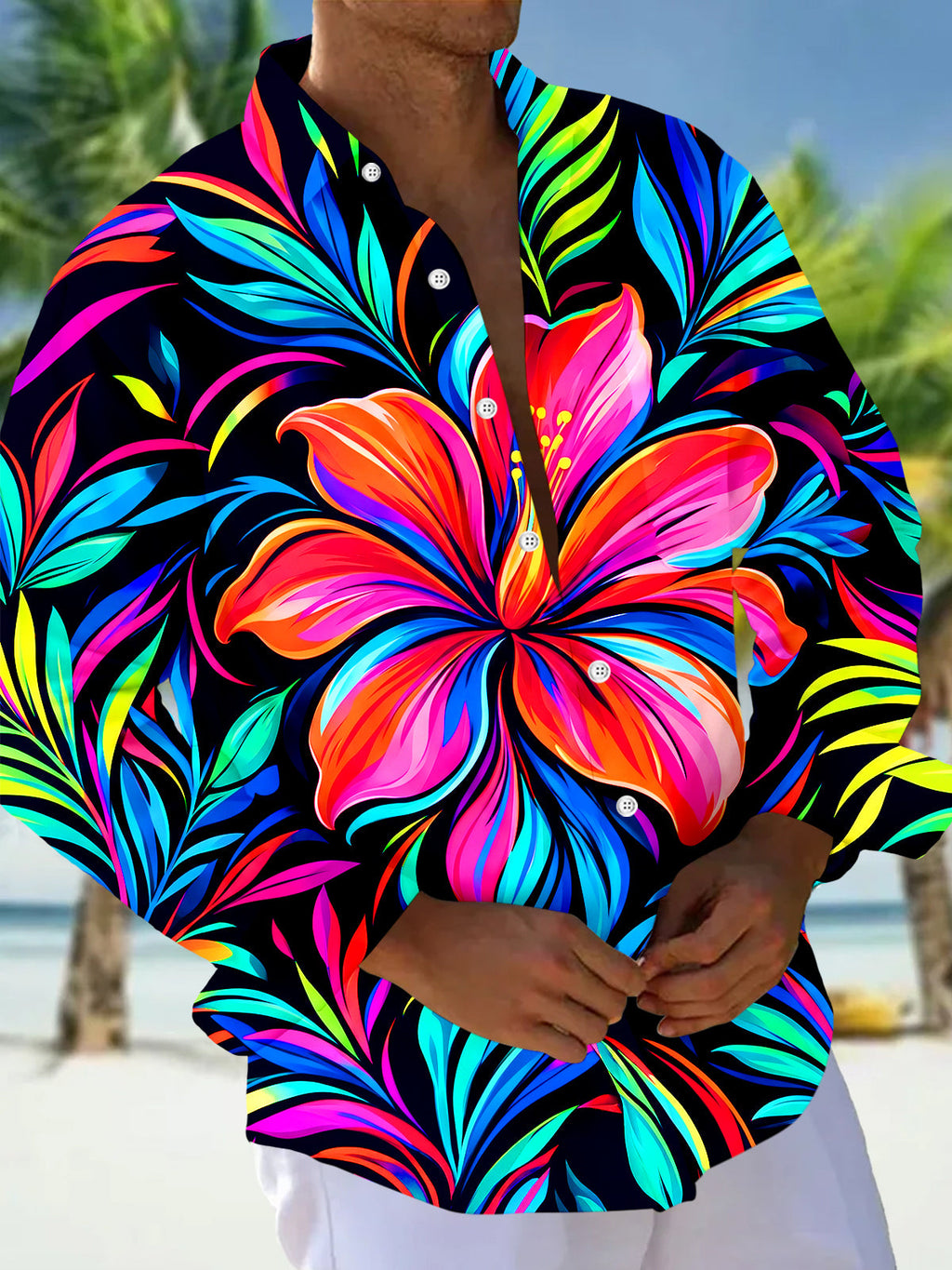 Oceanlyte Men's Neon Hibiscus Flower And Tropical Leaves Print Long Sleeve Shirt with Chest Pocket