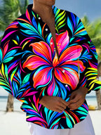 Oceanlyte Men's Neon Hibiscus Flower And Tropical Leaves Print Long Sleeve Shirt with Chest Pocket