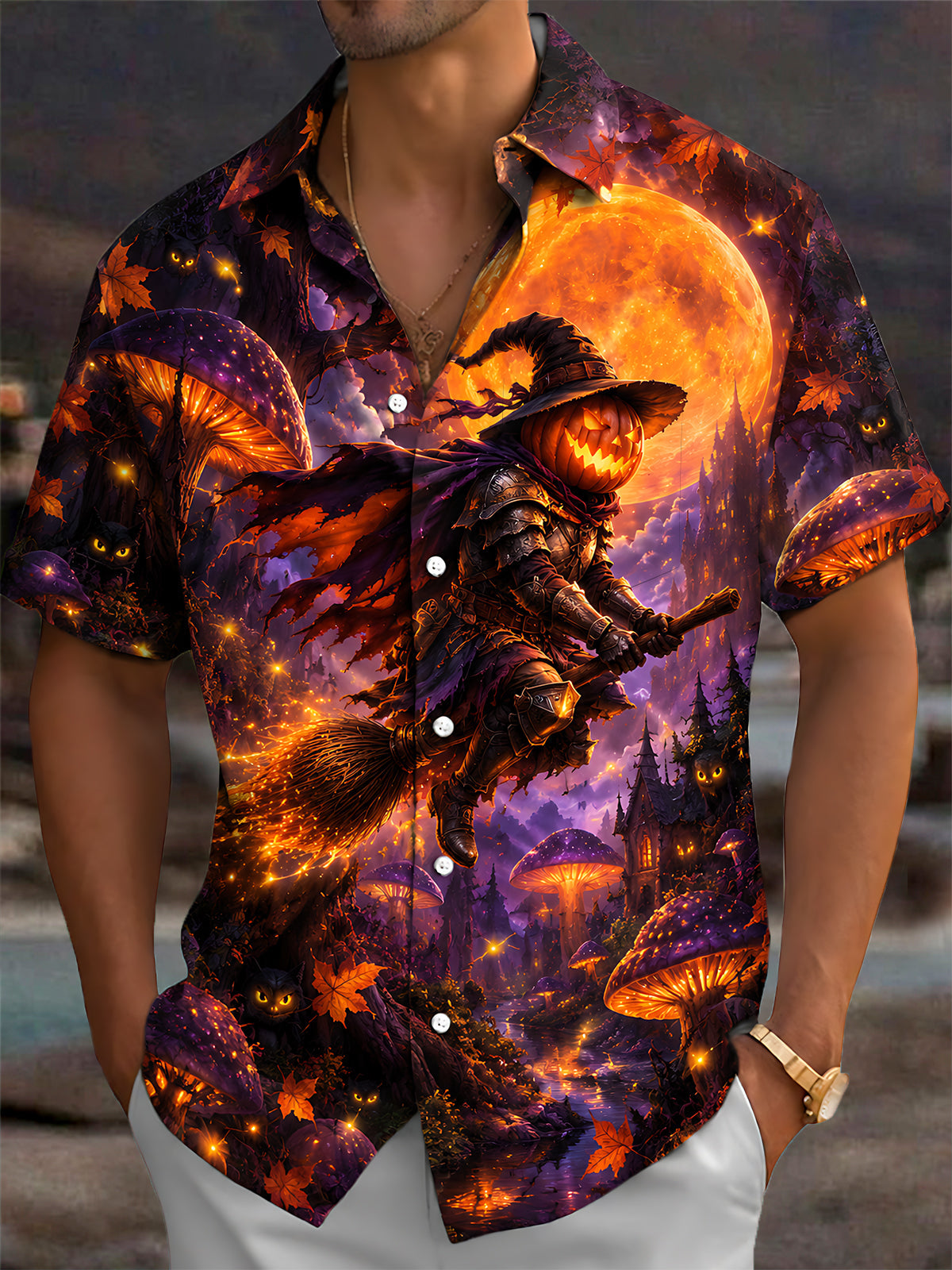 Oceanlyte Men's Graphic Pumpkin Knight Print Short Sleeve Shirt with Chest Pocket