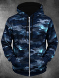 Oceanlyte Men's Patterned Blue Camouflage Pattern Long Sleeve Zip-Up Hoodie with Kangaroo Pocket