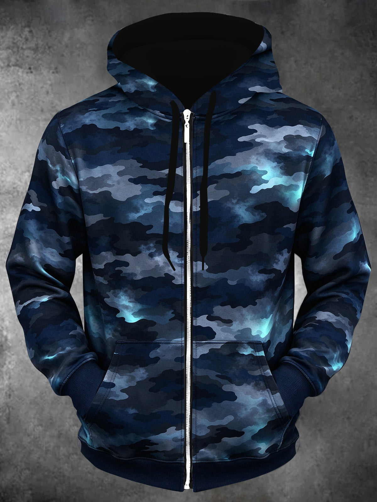Oceanlyte Men's Patterned Blue Camouflage Pattern Long Sleeve Zip-Up Hoodie with Kangaroo Pocket