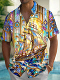 Oceanlyte Men's Printed Stained Glass Sailing Ship Print Short Sleeve Shirt with Chest Pocket