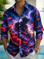 Oceanlyte Men's Long Sleeve Shirt - The "Echoes of the Fallen" Soldier Silhouette And Red Poppies Against Galaxy Background Print with Chest Pocket