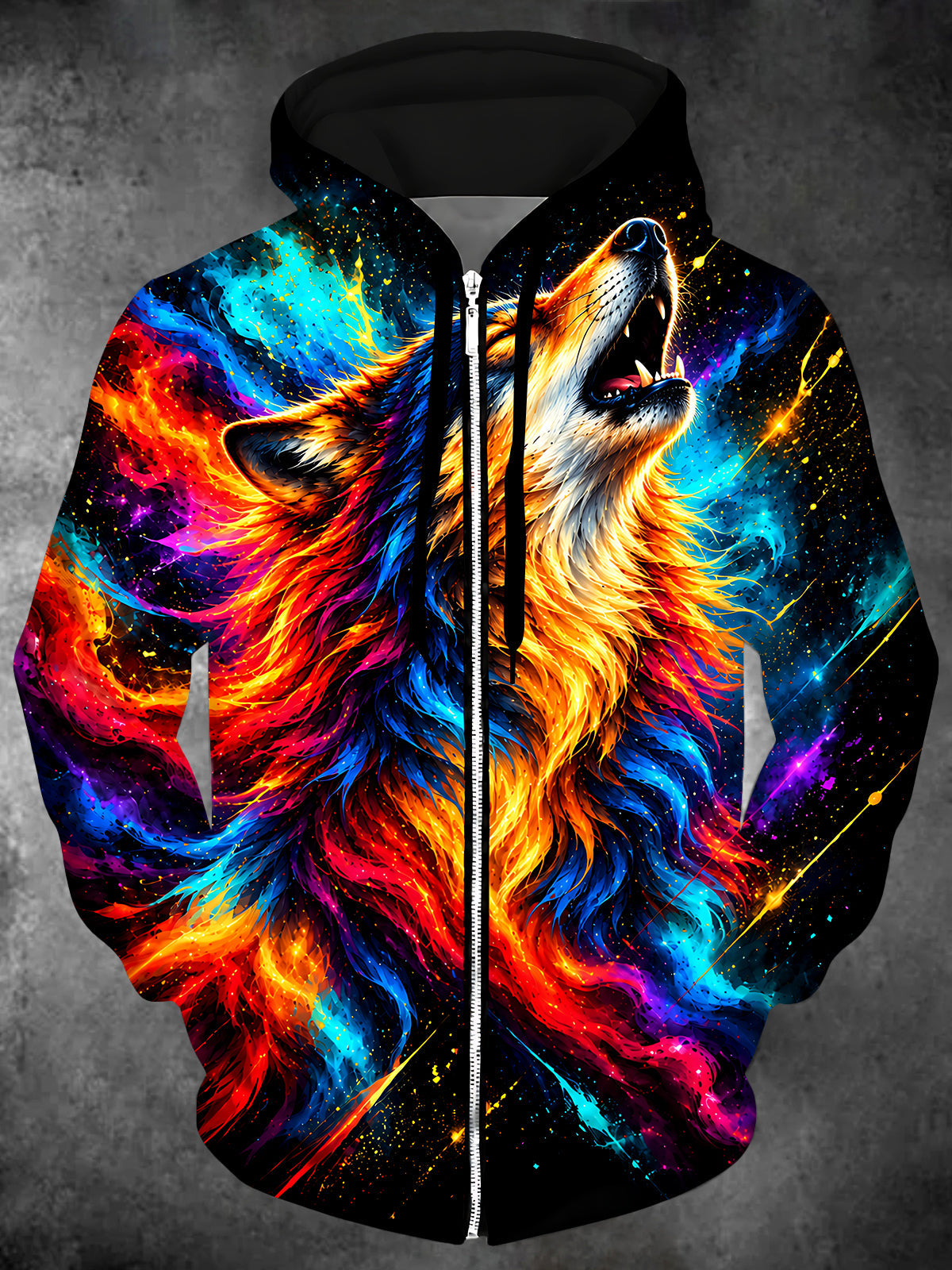 Oceanlyte Men's Long Sleeve Zip-Up Hoodie - Howling Wolf With Abstract Colorful Background Print with Kangaroo Pocket