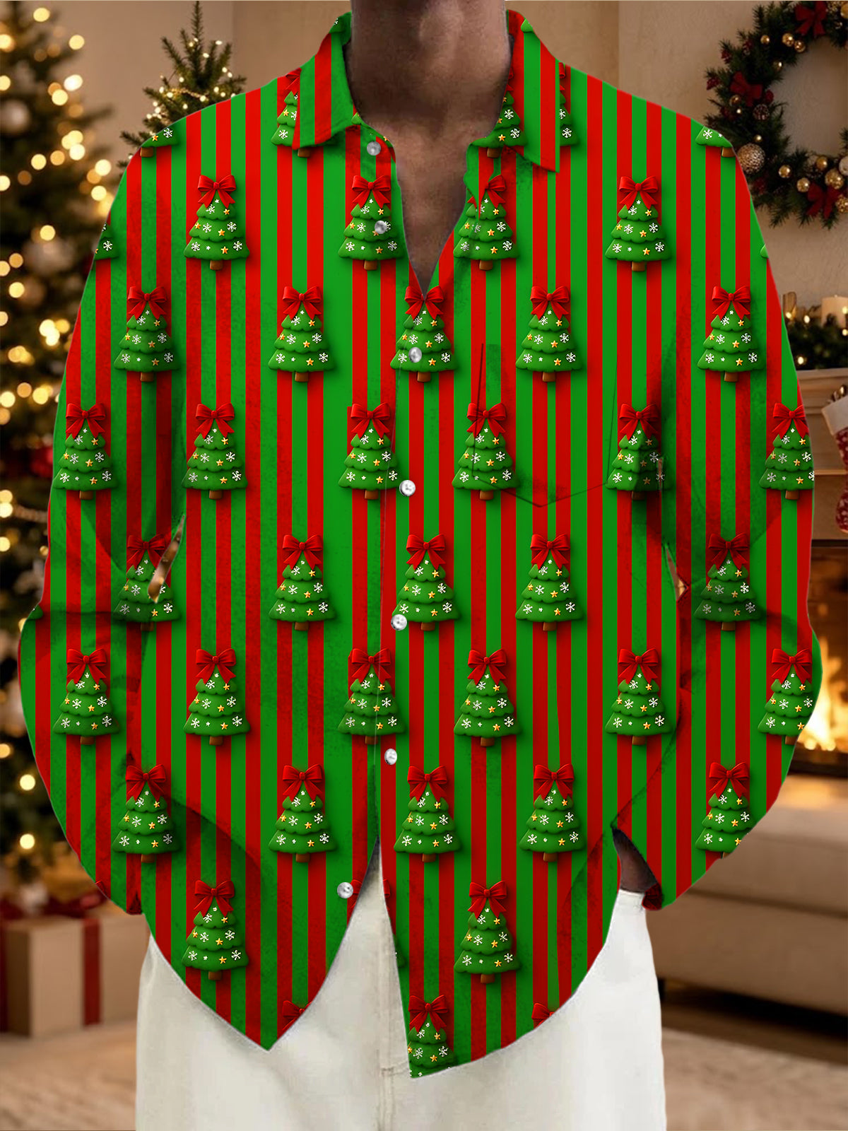 Oceanlyte Men's Long Sleeve Shirt - Christmas Trees With Red Bows And Snowflakes Print with Chest Pocket