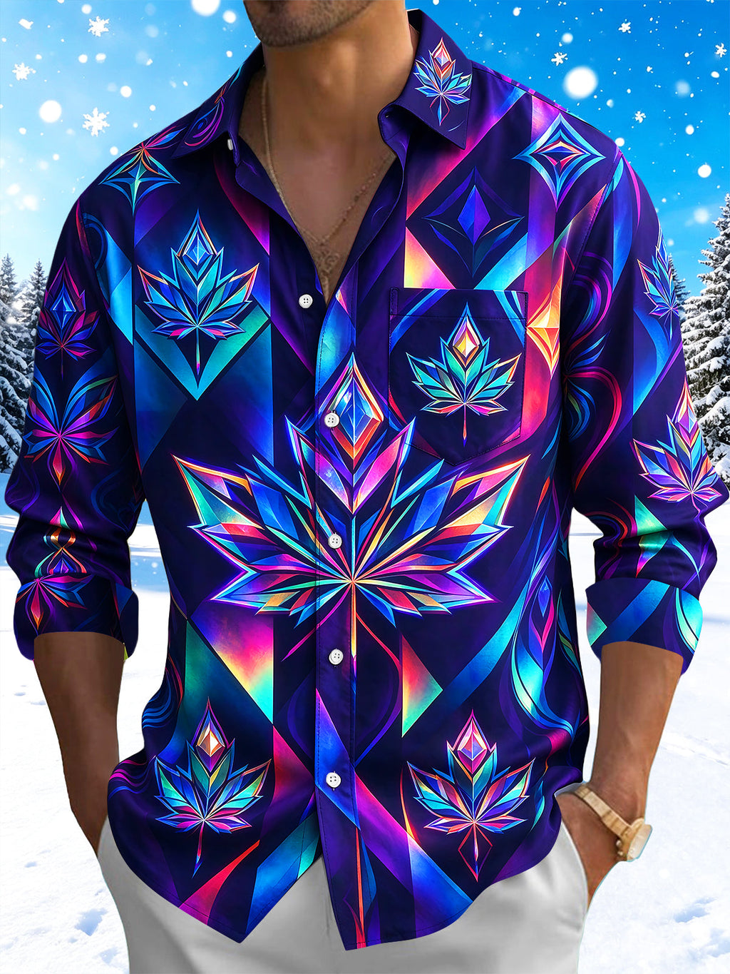 Oceanlyte Men's Neon Iridescent Geometric Maple Leaf Print Long Sleeve Shirt with Chest Pocket