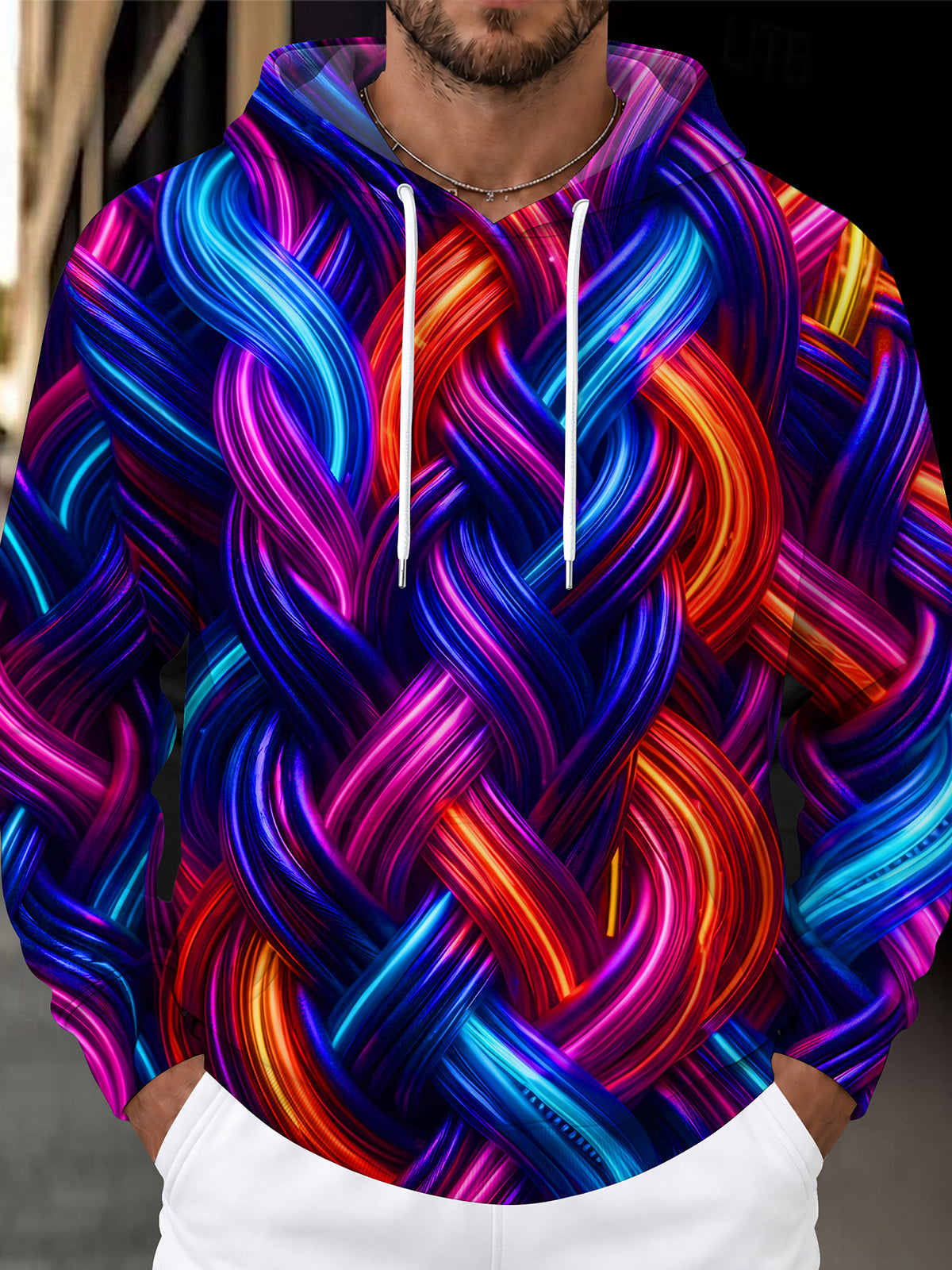 Oceanlyte Men's 3D Abstract Neon Woven Strands Print Long Sleeve Hoodie
