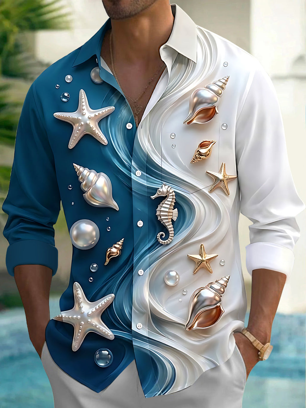 Oceanlyte Men's Sea Shells Starfish And Seahorse Print Long Sleeve Shirt with Chest Pocket