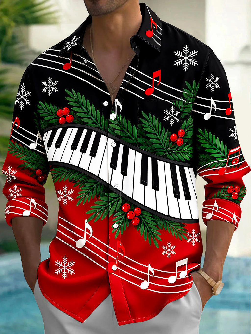Oceanlyte Men's Long Sleeve Shirt - Christmas Piano Keyboard And Musical Notes Print with Chest Pocket