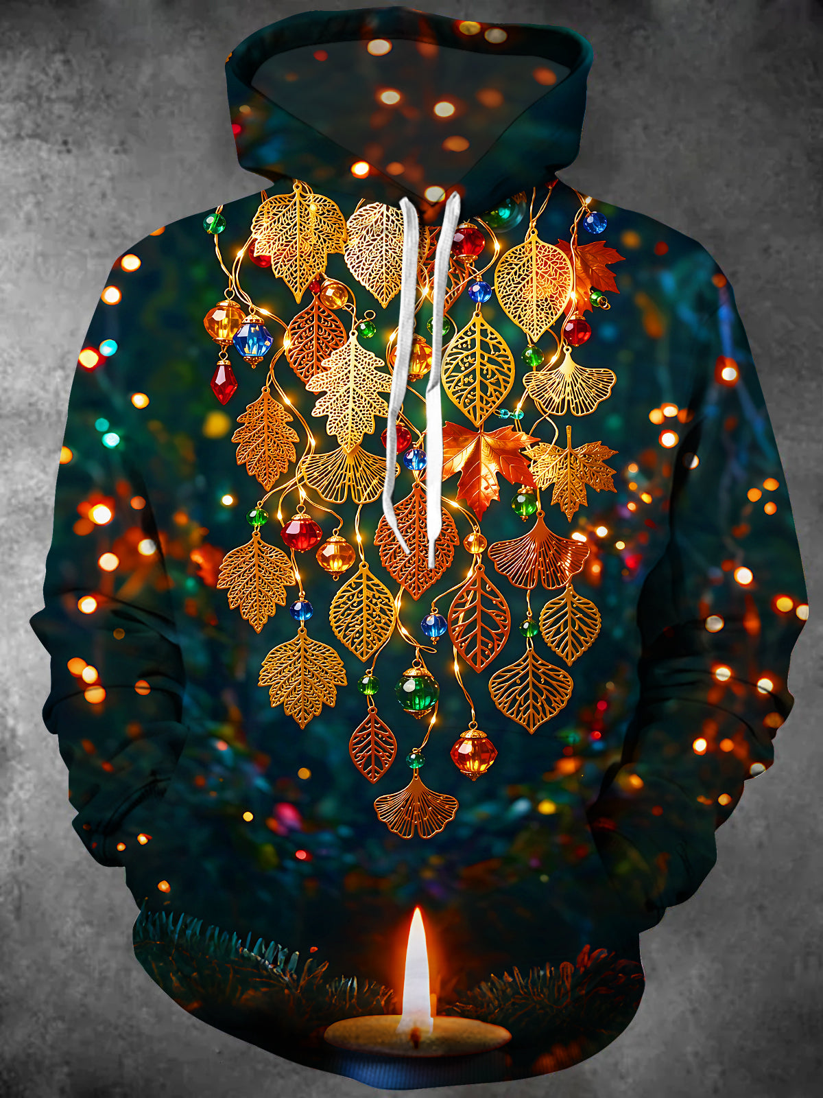 Oceanlyte Men's Christmas Golden Leaves And Candlelight Print Long Sleeve Hoodie