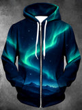 Oceanlyte Men's Long Sleeve Zip-Up Hoodie - Aurora Borealis And Mountain Landscape Print