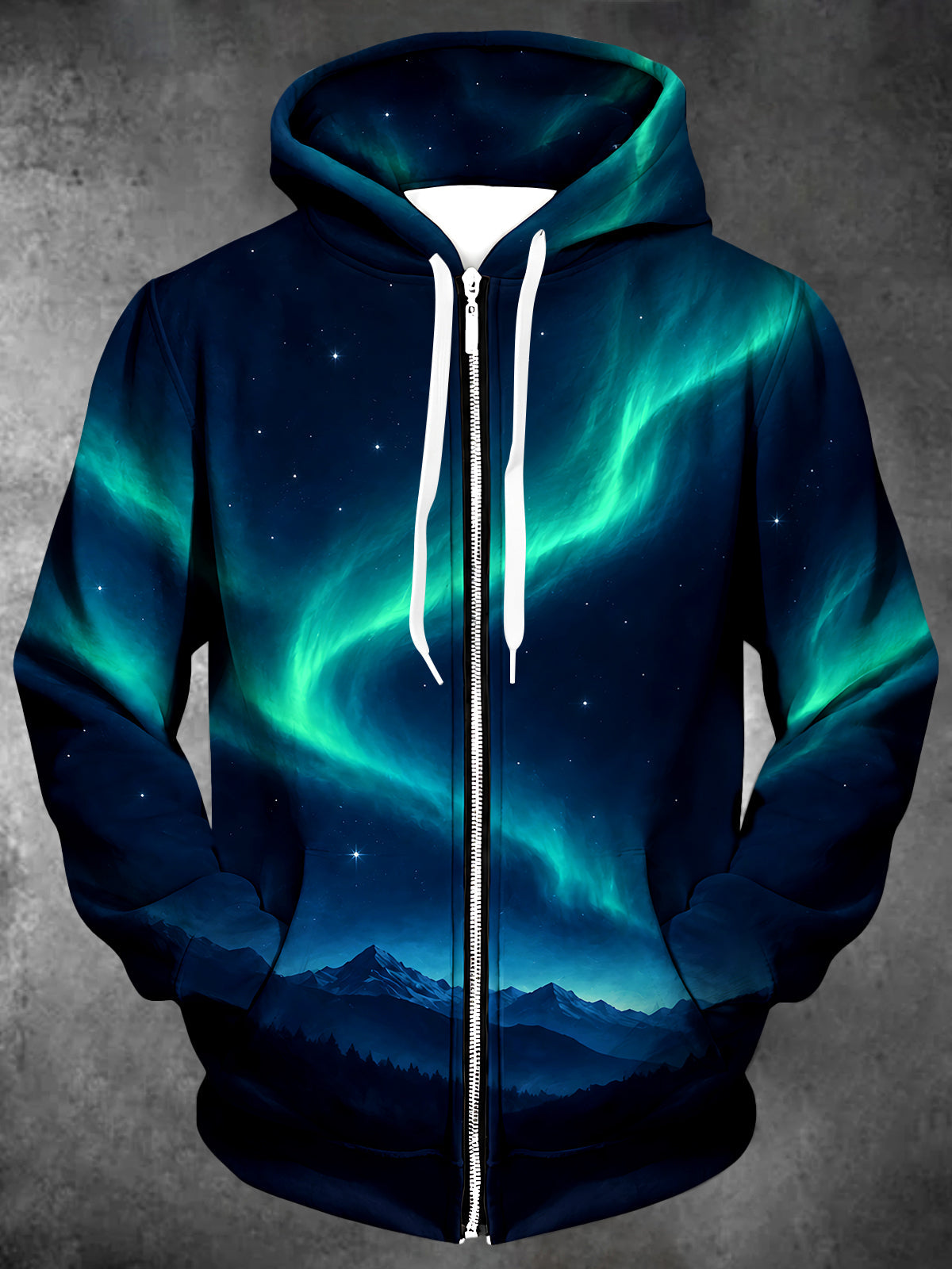 Oceanlyte Men's Long Sleeve Zip-Up Hoodie - Aurora Borealis And Mountain Landscape Print