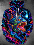 Oceanlyte Men's Graphic Neon Anglerfish And Coral Reef Print Long Sleeve Hoodie