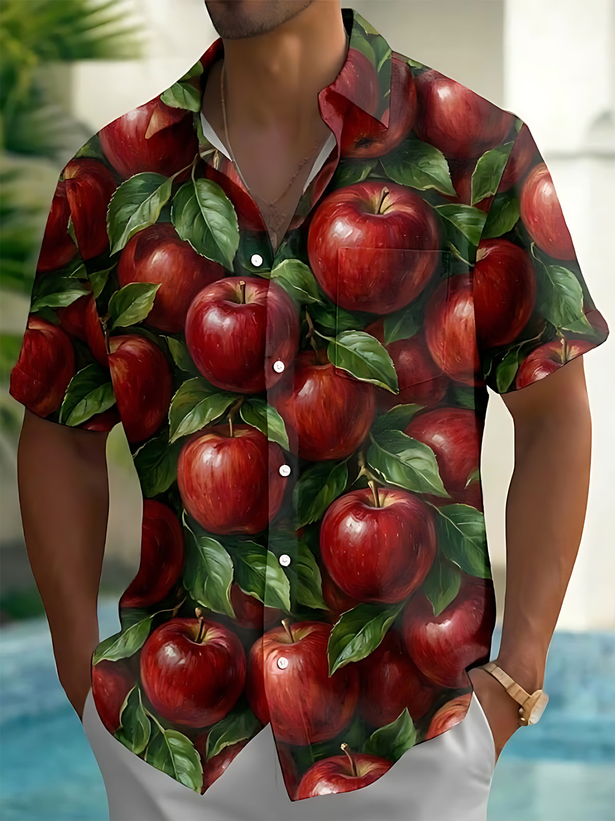 Oceanlyte Men's Hawaiian Red Apples And Green Leaves Print Short Sleeve Shirt with Chest Pocket