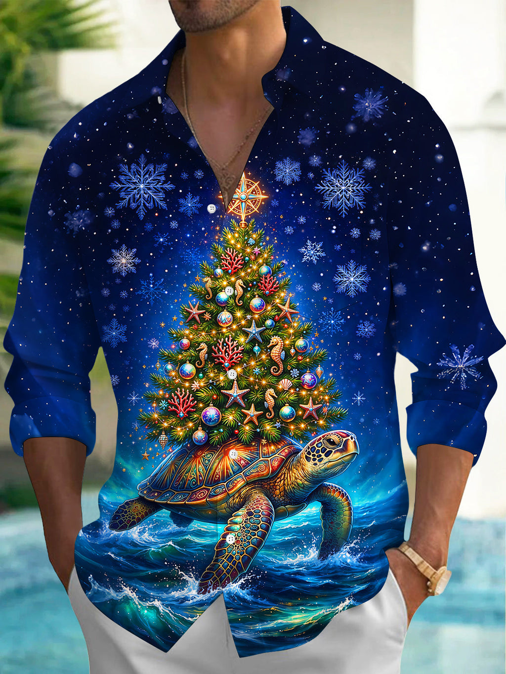 Oceanlyte Men's Graphic Sea Turtle And Christmas Tree Print Long Sleeve Shirt with Chest Pocket