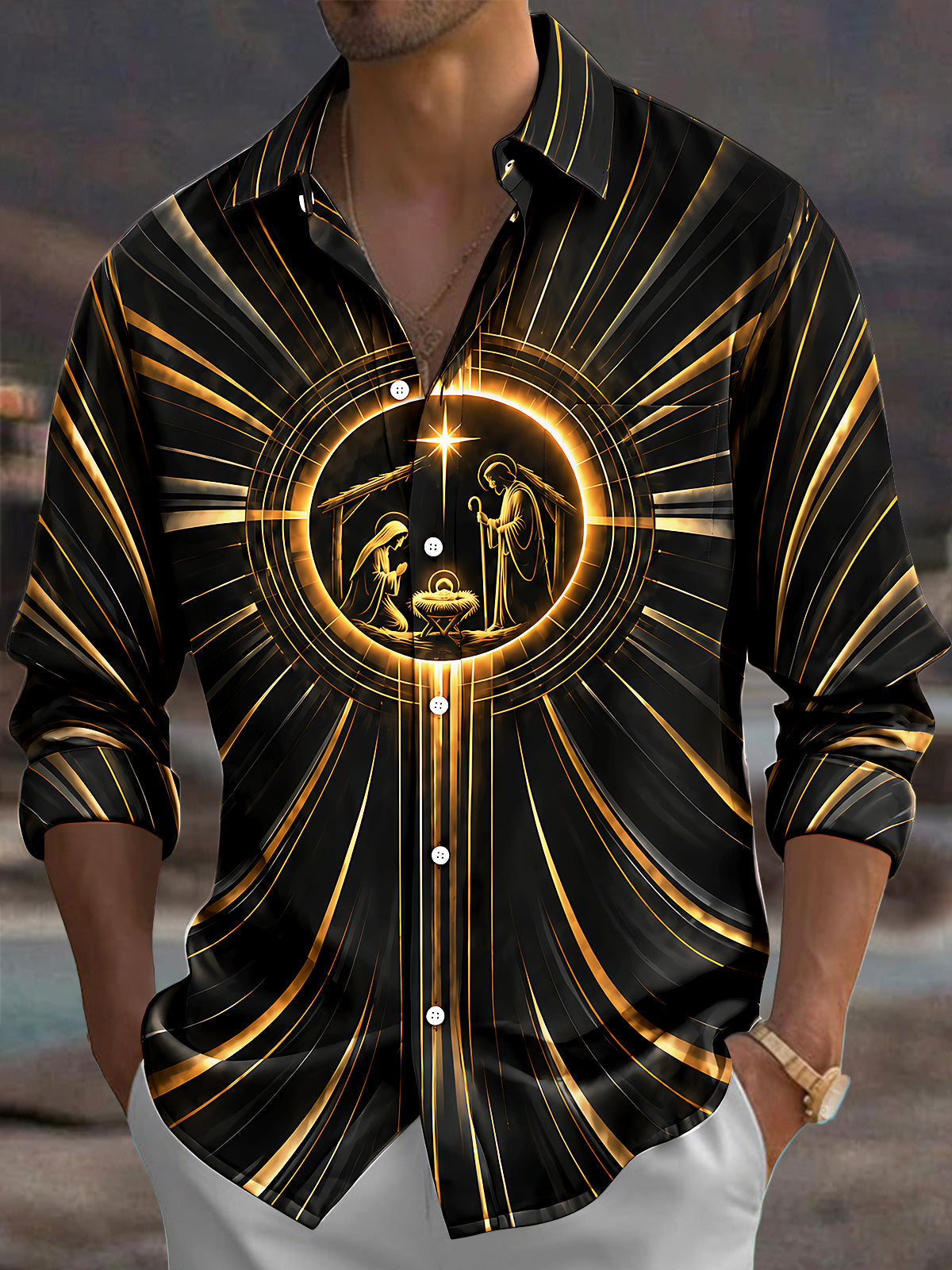 Oceanlyte Men's Nativity Scene With Star Of Bethlehem Print Long Sleeve Shirt with Chest Pocket