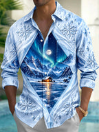 Oceanlyte Men's Winter Arctic Cabin And Aurora Borealis Print Long Sleeve Shirt with Chest Pocket