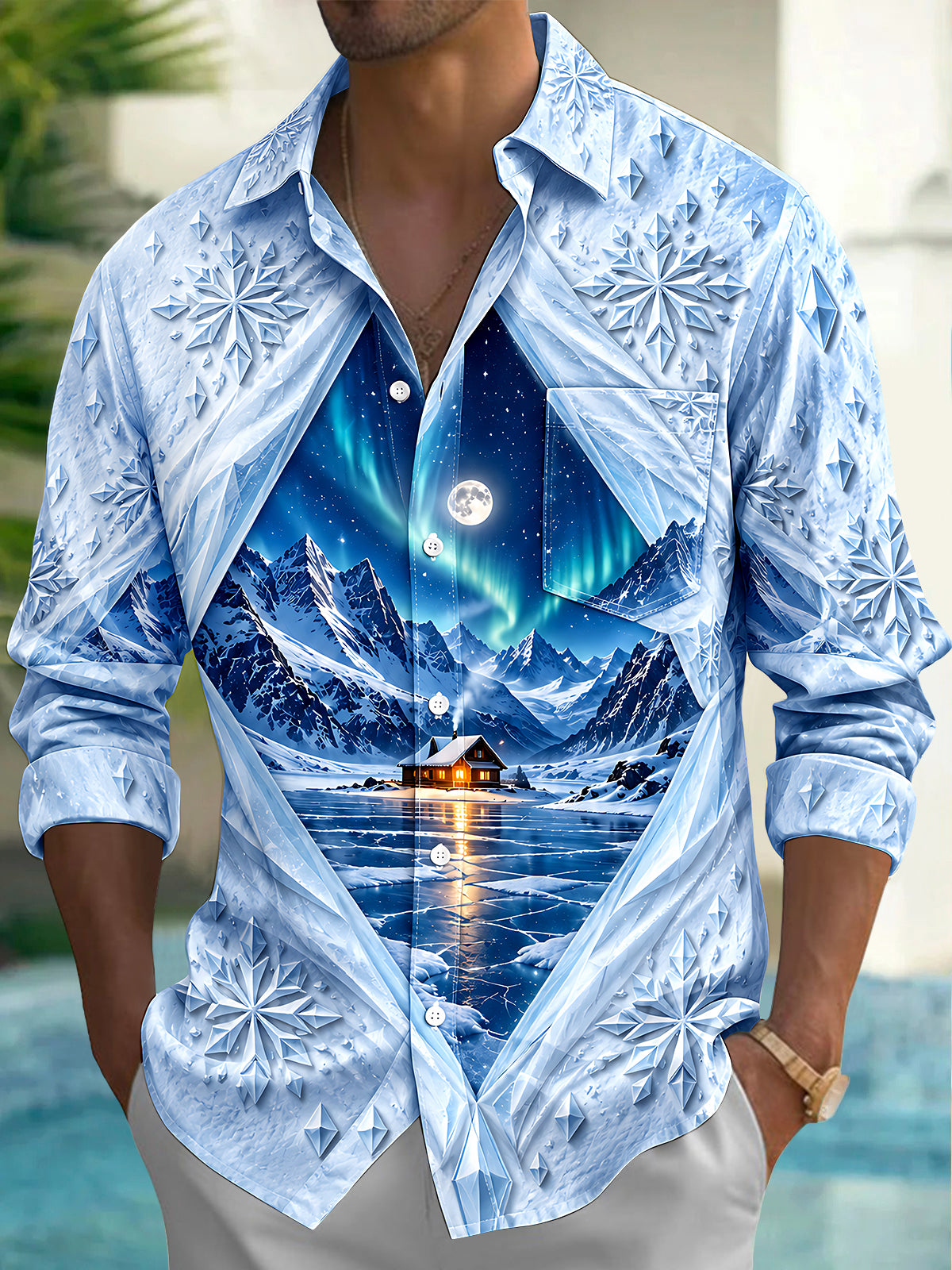 Oceanlyte Men's Winter Arctic Cabin And Aurora Borealis Print Long Sleeve Shirt with Chest Pocket