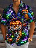 Oceanlyte Men's Hawaiian Halloween Tiger Print Short Sleeve Shirt with Chest Pocket